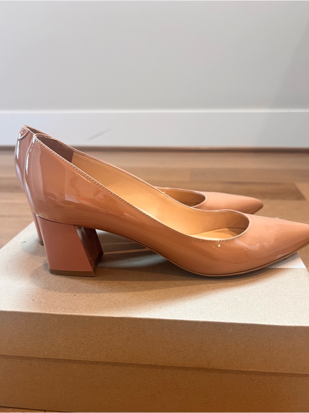 Hotic Women's Patent Leather Block Heel Pumps in Nude size 38